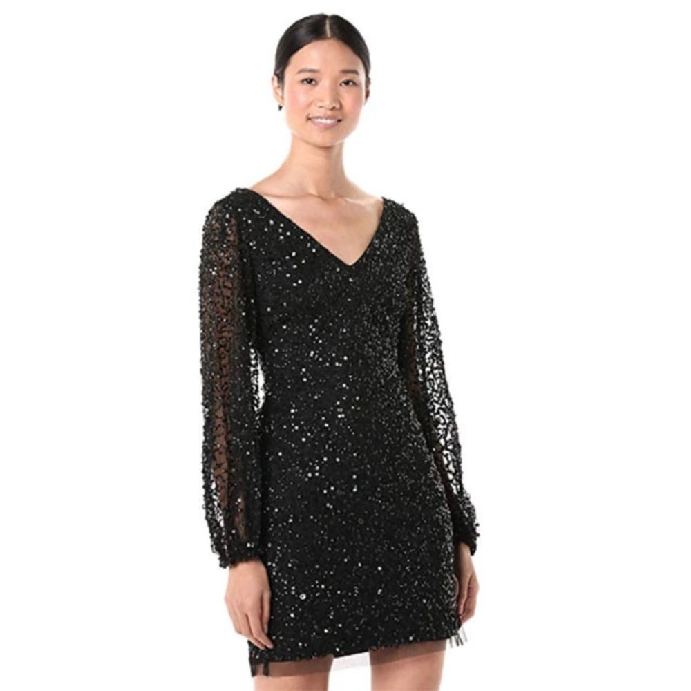 Adrianna Papell Black Sequin Sheath Dress V-Neck Long Sleeve, New with tags